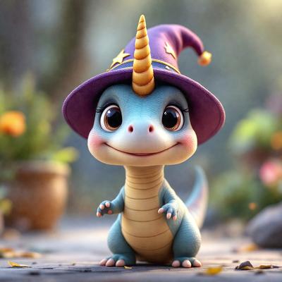 The primary subject of the image is a small, cute, and colorful cartoon character, which appears to be a blue and purple lizard or a similar creature. The character is wearing a witch's hat and is standing on a brick road. The setting is a garden, with a potted plant visible in the background. The visual style of the image is a digital art or illustration, creating a whimsical and playful atmosphere. The colors and mood of the image are predominantly blue and purple, with a touch of green from the garden, giving the scene a cheerful and magical vibe.